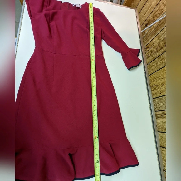 Nanette Lepore Cranberry Flounce Bell Sleeve Ruffled Crepe Knee Length Dress 8 - Picture 9 of 13